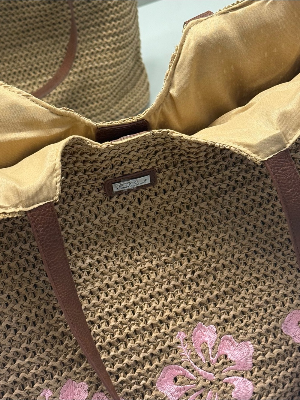 Woven Straw Tote with Pink Floral Detail and Brown Straps 🌸NWT 🌸 - Picture 7 of 13